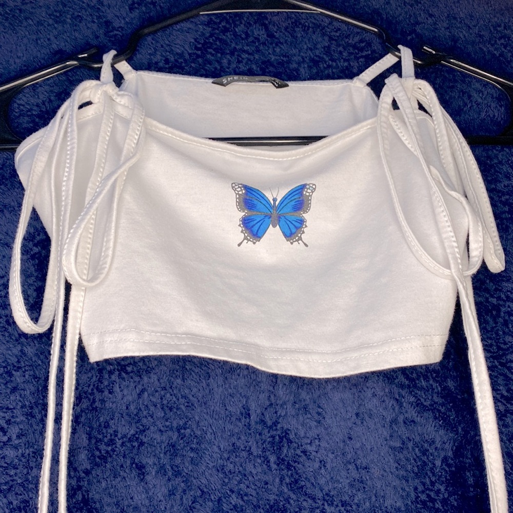 SHEIN crop top ~ Medium ~ Blue & white butterfly top